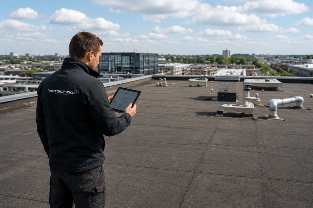 Dakspecialist inspecteert plat dak met tablet