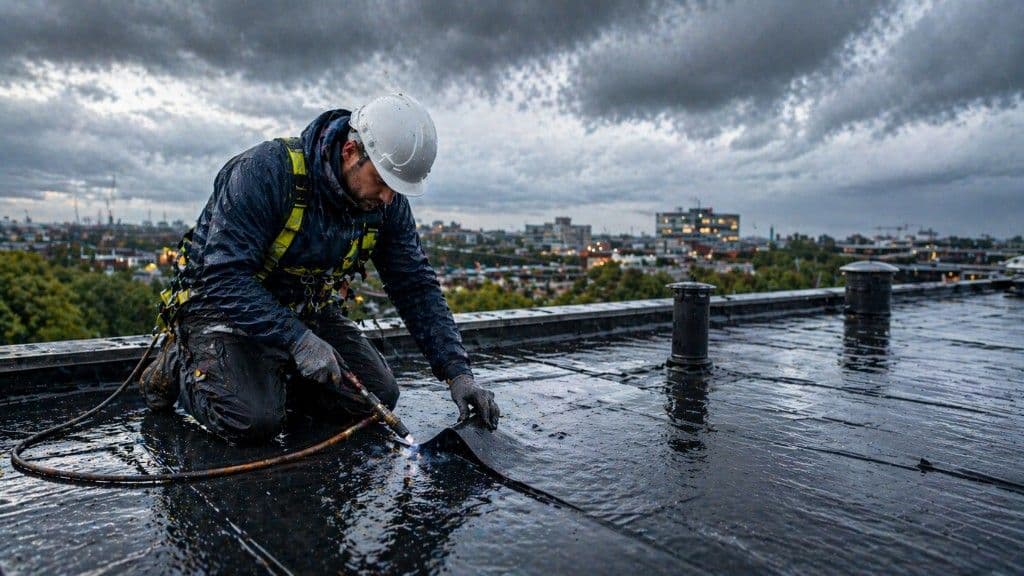 Dakdekkers aan het werk op het distributiedak
