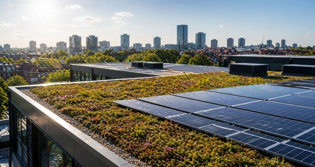 Groendak en zonnepanelen met uitzicht op de skyline van Rotterdam